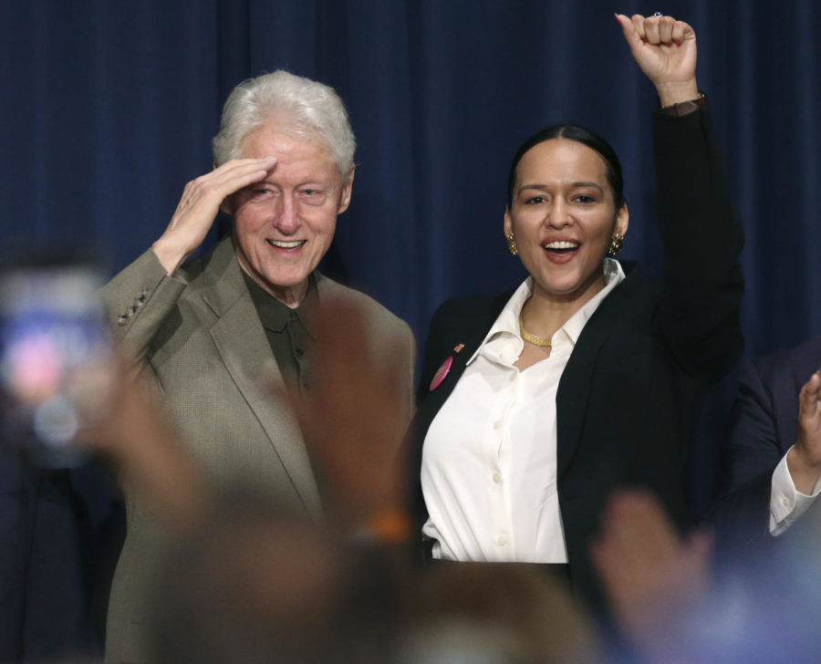 Former President Bill Clinton and Democratic candidate for Texas 15th Congressional District Michelle Vallejo pump up the crowd at the Edinburg Conference Center at Renaissance Monday, Nov. 7, 2022, in Edinburg, Texas. (Delcia Lopez/The Monitor via AP)