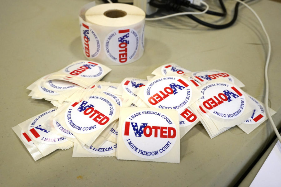 I Voted stickers are ready to be distributed to each person who filled out their ballot, Tuesday, Nov. 8, 2022, at a Brandon, Miss., precinct. (AP Photo/Rogelio V. Solis)