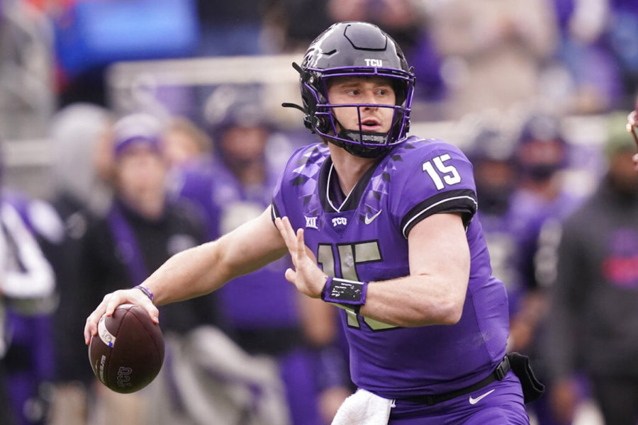 TCU quarterback Max Duggan (15) passes during the first quarter of an NCAA college football game against Iowa State in Fort Worth, Texas, Saturday, Nov. 26, 2022. (AP Photo/LM Otero)