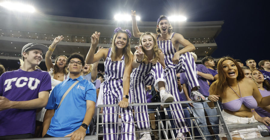 TCU Dutchmen perched in the front row of the student section vs Tarleton State, Sept. 10, 2022. Photo courtesy of Gregg Ellman