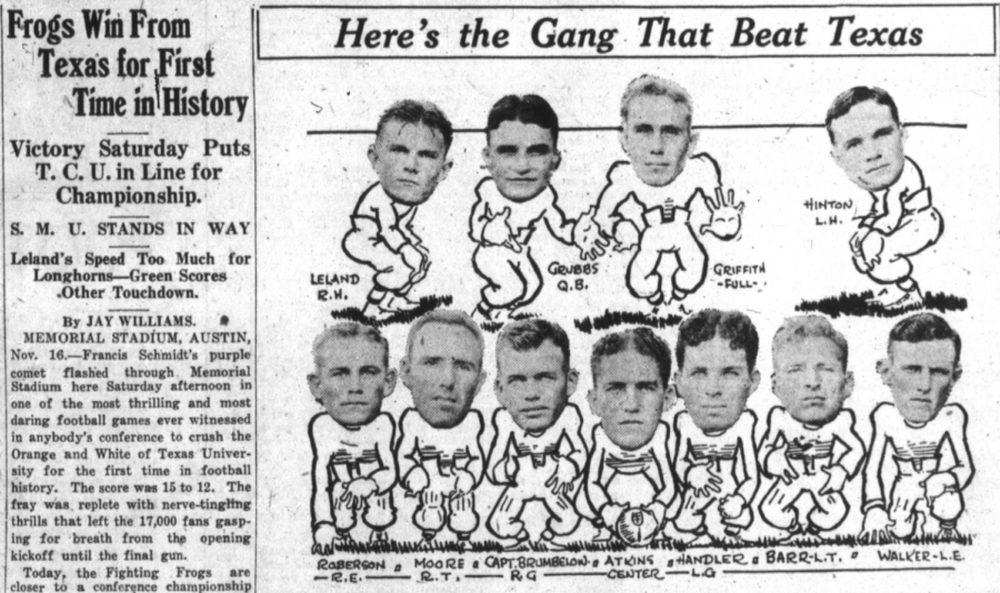 Amid new head coach Francis Schmidts 9-0-1 season, he led the Frogs to their first victory over the Longhorns. Nov. 17, 1929. 