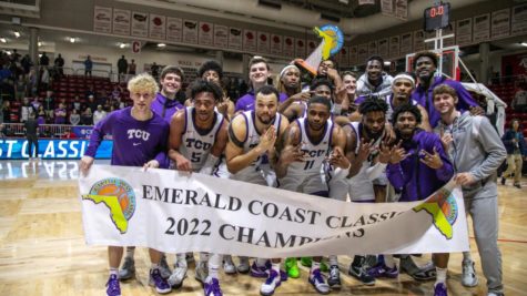 TCU mens basketball celebrates their 2022 Emerald Coast Classic championship on Nov. 26, 2022. (Photo courtesy of GoFrogs.com)