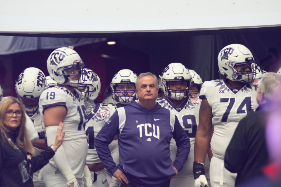TCU head coach Sonny Dykes leads the team out of the tunnel before the Fiesta Bowl. Dec. 31, 2022. (Tristen Smith/Staff Photographer)