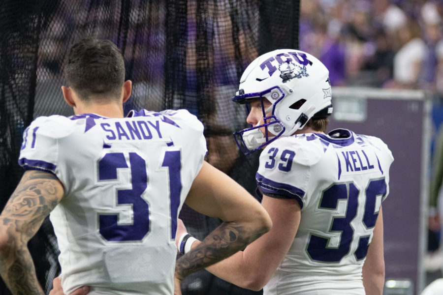 TCU punter Jordy Sandy and kicker Griffin Kell chat at the Fiesta Bowl, Dec. 31, 2022. (Tristen Smith/Staff Photographer)