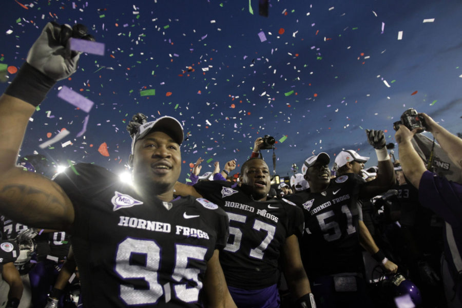 TCU players celebrate their win after the Rose Bowl NCAA college football game against Wisconsin on Saturday, Jan. 1, 2011, in Pasadena, Calif. TCU defeated Wisconsin 21-19. (AP Photo/Marcio Sanchez)