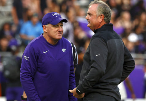 Kansas State head coach Chris Klieman, left, and TCU head coach Sonny Dykes, right. TCU and Kansas State will play in the  Big 12 championship game Saturday, Dec. 3. Oct. 22, 2022. (AP Photo/Richard W. Rodriguez, File)