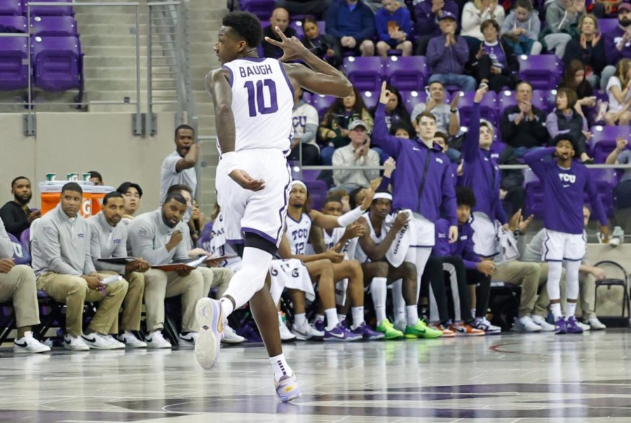 Guard Damion Baugh celebrates a 3-pointer vs Mississippi Valley State on Dec. 18, 2022. (Photo courtesy of GoFrogs.com
