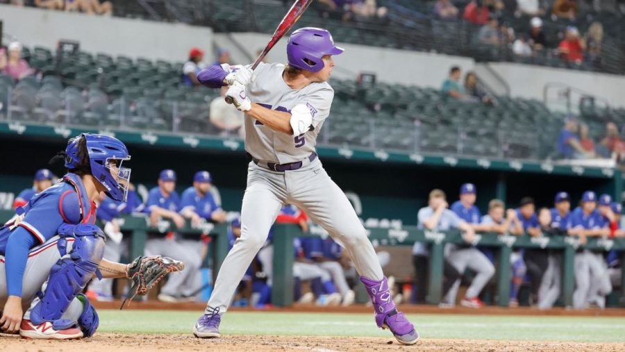 Freshman+shortstop+Anthony+Silva+steps+into+the+batters+box+against+the+Rangers+instructs+on+Oct.++14%2C+2022.+%28Photo+courtesy+of+GoFrogs.com%29