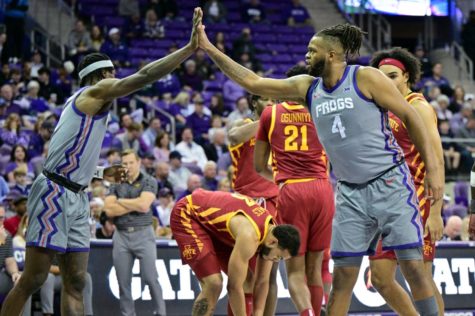 TCUs front court Emanuel Miller and Eddie Lampkin Jr. embrace vs Iowa State on Jan. 7, 2023. (Photo courtesy of GoFrogs.com)