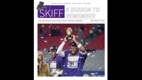 Cover of The Skiff for January 19, 2023. Texas: A season to remember. Photo by Tristen Smith. A football player holds a trophy over his head while purple and white confetti falls around him.