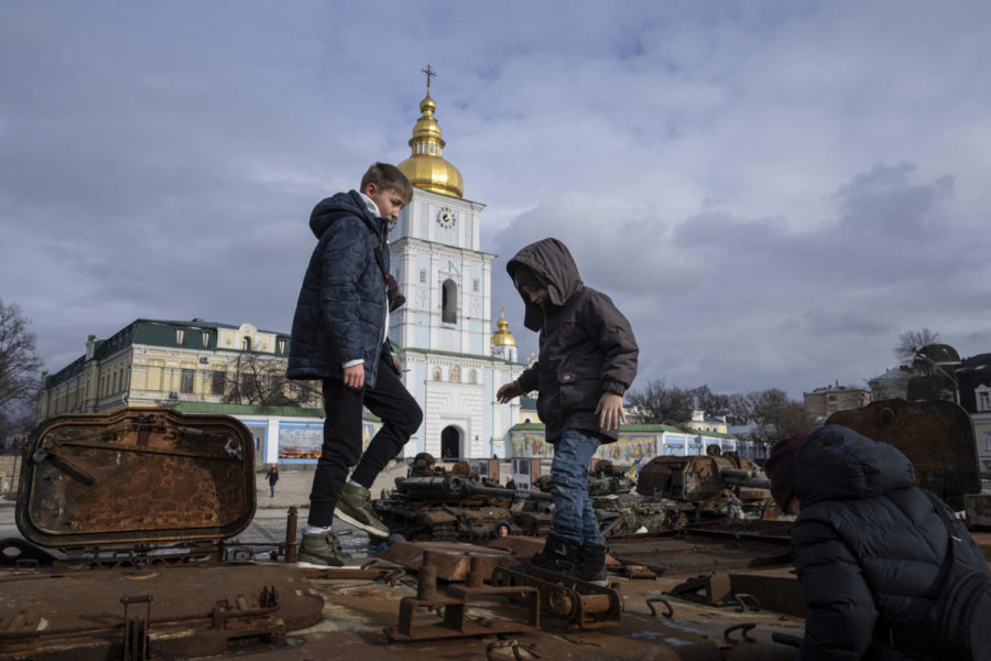 Children+stand+atop+of+a+destroyed+Russian+vehicle+in+the+city+center+of+Kyiv%2C+Ukraine%2C+Thursday%2C+Feb.+2%2C+2023.+%28AP+Photo%2FEvgeniy+Maloletka%29