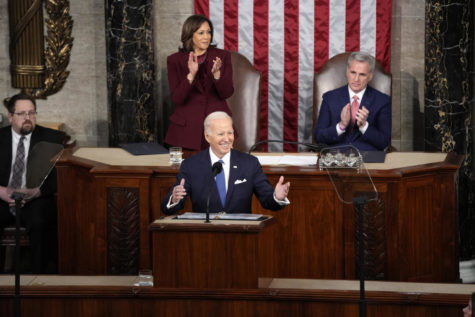 President Joe Biden delivers the State of the Union address to a joint session of Congress at the U.S. Capitol, Tuesday, Feb. 7, 2023, in Washington. Vice President Kamala Harris and House Speaker Kevin McCarthy of Calif., applaud. (AP Photo/Patrick Semansky)