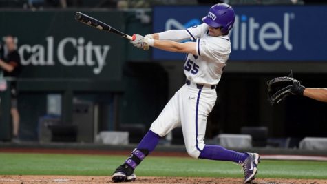 TCU third baseman Brayden Taylor doubles in a 8-4 loss to Oklahoma State in the Big 12 Tournament on May 27, 2022. (Photo courtesy of GoFrogs.com)