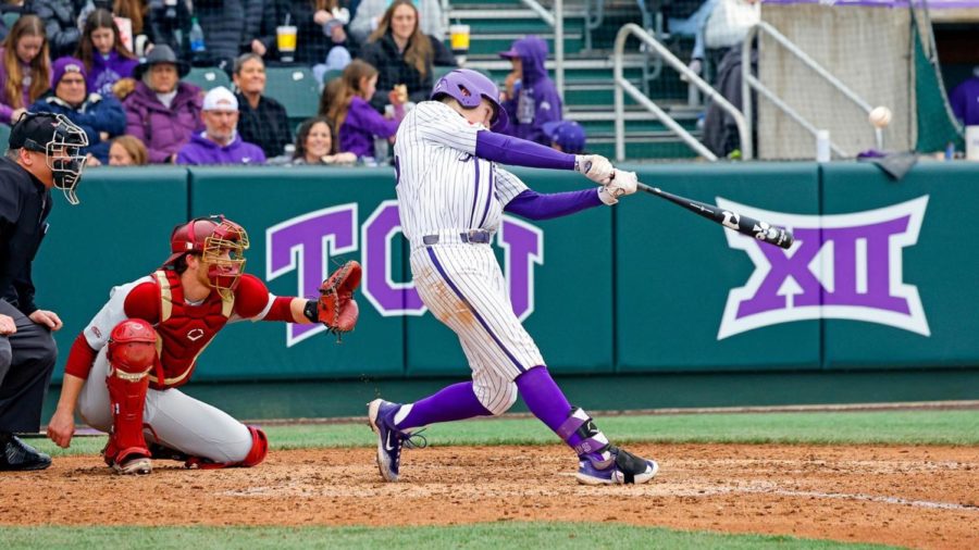 TCU+third+baseman+Brayden+Taylor+launches+a+home+run+to+right+field+in+a+10-8+loss+to+Florida+State+on+Feb.+25%2C+2023.+%28Photo+courtesy+of+GoFrogs.com%29