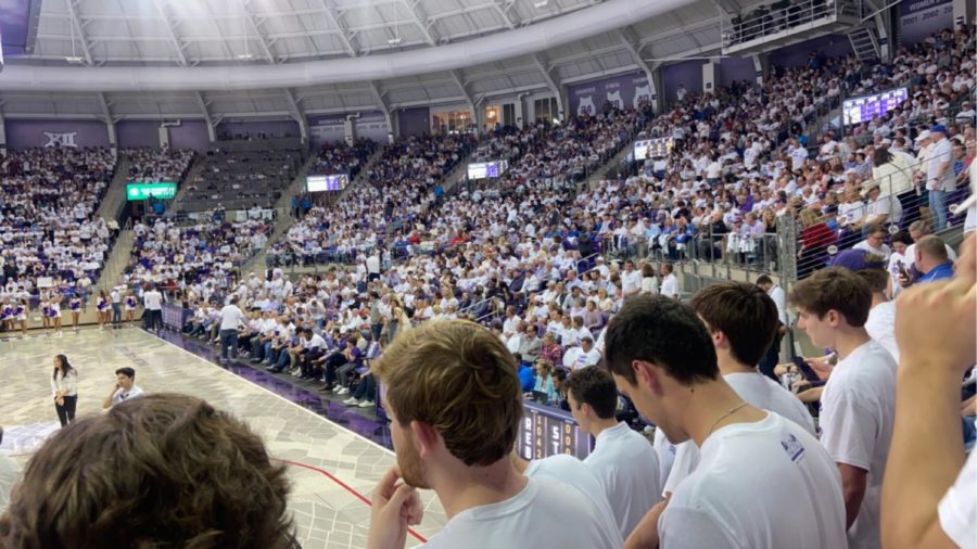 TCU+fans+pack+the+house+ahead+of+game+against+No.+3+Kansas+on+Feb.+20%2C+2023.+%28Nick+Girimonte%2FStaff+Writer%29