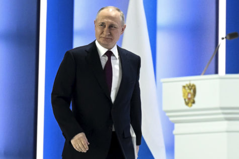 Russian President Vladimir Putin arrives to deliver his annual state of the nation address in Moscow, Russia, Tuesday, Feb. 21, 2023. (Ramil Sitdikov, Sputnik, Kremlin Pool Photo via AP)