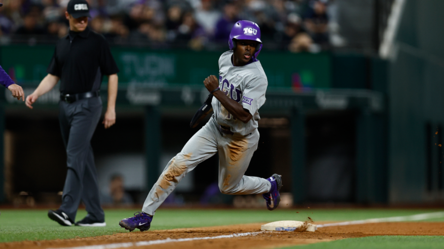 TCU+right+fielder+Austin+Davis+records+three+hits+including+a+towering+home+run+to+left+field+in+a+win+over+the+Arkansas+Razorbacks+on+Feb.+18%2C+2022.+%28Photo+courtesy+of+GoFrogs.com%29