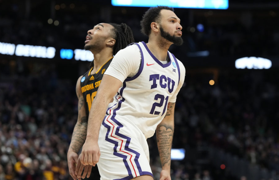 TCU forward JaKobe Coles, front, reacts after hitting the go-ahead basket, next to Arizona State guard Frankie Collins in a first-round college basketball game in the mens NCAA Tournament on Friday, March 17, 2023, in Denver. (AP Photo/David Zalubowski)