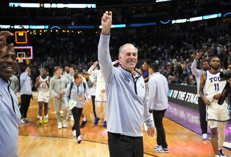 TCU coach Jamie Dixon waves to the crowd after the teams first-round college basketball game against Arizona State in the mens NCAA Tournament on Friday, March 17, 2023, in Denver. (AP Photo/David Zalubowski)