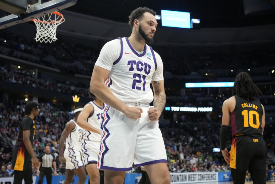 TCU forward JaKobe Coles reacts after drawing a foul during the second half of the teams first-round college basketball game against Arizona State in the mens NCAA Tournament on Friday, March 17, 2023, in Denver. (AP Photo/David Zalubowski)