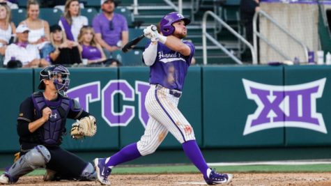 TCU left fielder Luke Boyers hits a two-run home run in a 9-2 victory over Northwestern on March 22, 2022. (Photo courtesy of GoFrogs.com)
