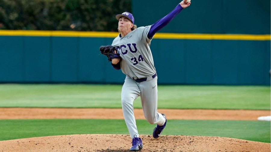 TCUs starting pitcher, Braeden Sloan, allows two earned runs in five innings in a 14-3 victory over UT Arlington on March 28, 2023. (Photo courtesy of GoFrogs.com) 