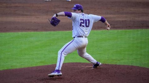 TCU starting pitcher Cam Brown throws seven scoreless innings in a 7-0 win over Rice on March 5, 2022. (Photo courtesy of GoFrogs.com)