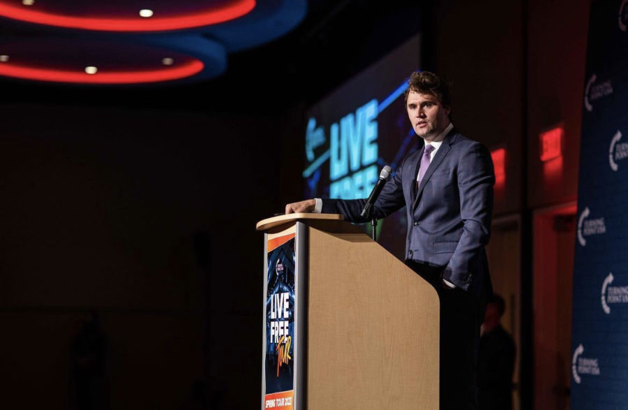 Turning Point USA founder Charlie Kirk speaks to attendees of the "Live Free Tour" in the Brown-Lupton University Union Monday night. Image credit: Turning Point TCU