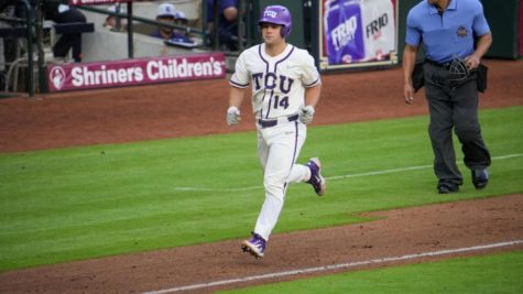 TCU catcher Karson Bowen launches a two-run home run to left-center in a 3-2 loss to Louisville on March 4, 2022. (Photo courtesy of GoFrogs.com)