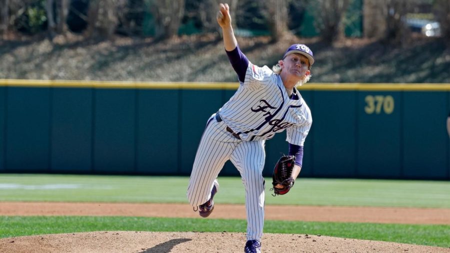 TCU+starting+pitcher+Kole+Klecker+allows+one+earned+run+in+seven+innings+pitched+in+a+3-1+victory+over+San+Diego+on+March+11%2C+2023.+%28Photo+courtesy+of+GoFrogs.com%29