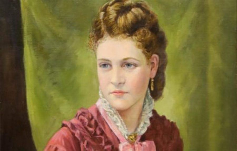 Portrait of Mary Couts Burnett in the library.