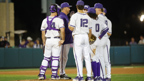 TCU head coach Kirk Saarloos takes a visit to the mound in a 14-2 loss to San Diego on March 10, 2022. (Photo courtesy of GoFrogs.com)