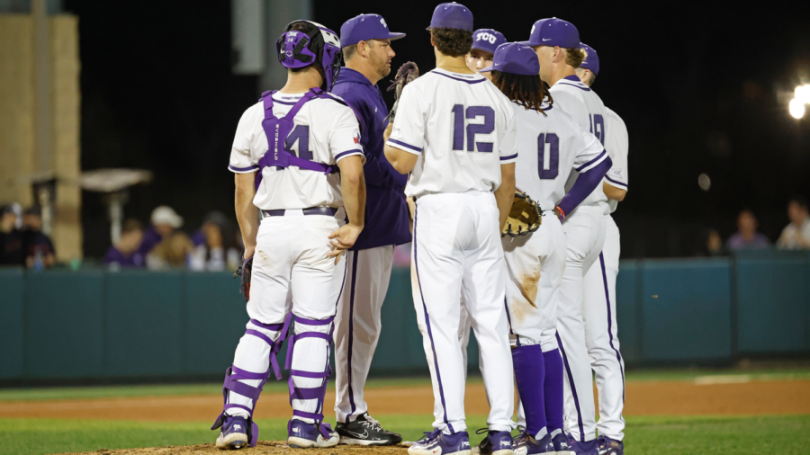 TCU head coach Kirk Saarloos takes a visit to the mound in a 14-2 loss to San Diego on March 10, 2023. (Photo courtesy of GoFrogs.com)