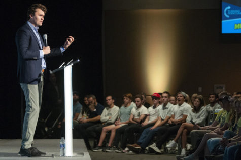 Turning Point USA founder Charlie Kirk speaks to the audience at the “Exposing Critical Racism Theory” tour held at the Mayo Clinic Health System Event Center, Oct. 5, 2021, in Mankato, Minn. It was the second stop of an eight-stop tour, visiting universities across America. (AP Photo/Jackson Forderer)