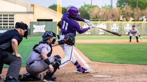 TCU right fielder Austin Davis tallies three hits in five at-bats in a 9-6 loss to Lamar on April 18, 2023. (Photo courtesy of GoFrogs.com)