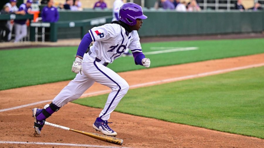 TCU centerfielder Austin Davis tallies two base hits in a 7-6 loss to Oklahoma State on April 7, 2023. (Photo courtesy of GoFrogs.com)