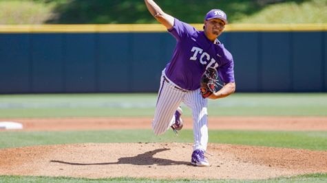 TCU starting pitcher Louis Rodriguez allows two earned runs through six innings in a 3-2 loss to Texas on April 30, 2023. (Photo courtesy of GoFrogs.com)