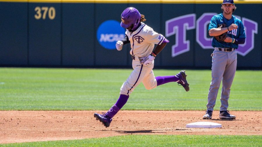 TCU second baseman Tre Richardson hits a solo home run in a 12-6 loss to UNC Wilmington on April 16, 2023. (Photo courtesy of GoFrogs.com)