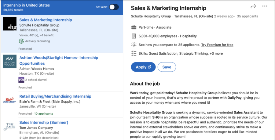 Screen shot of possible internship opportunities. [Photo Courtesy of Maddie Sweeney]