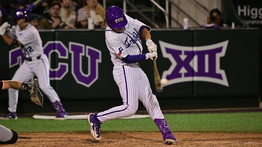 TCU+shortstop+Anthony+Silva+hits+two+home+runs+in+a+7-3+victory+over+Oklahoms+State+on+April+7%2C+2023.+%28Photo+courtesy+of+GoFrogs.com%29