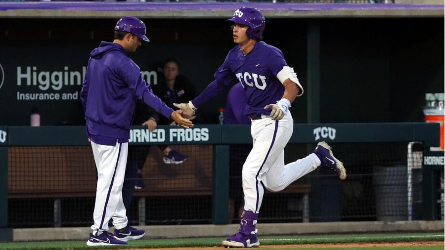 TCU+shortstop+Anthony+Silva+rounds+the+bases+after+hitting+a+home+run+in+a+8-4+loss+to+Texas.+%28Photo+courtesy+of+GoFrogs.com%29