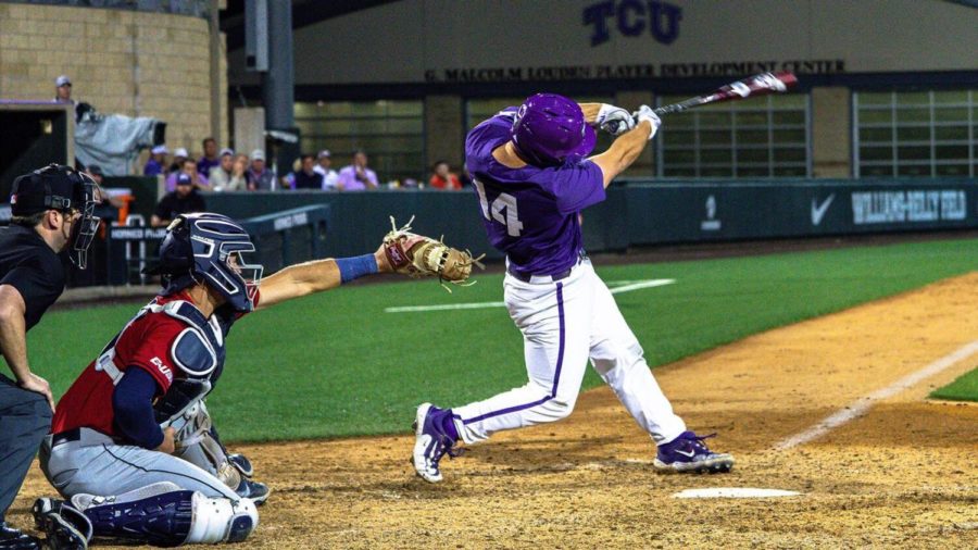 TCU designated hitter Karson Bowen hits a grand slam to power the Horned Frogs past the DBU Patriots on April 25, 2023. (Photo courtesy of GoFrogs.com)