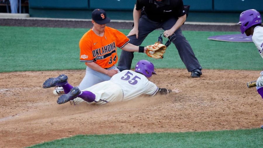 Third baseman Brayden Taylor scores on a wild pitch in TCUs 12-5 victory over Oklahoma State on April 8, 2023. (Photo courtesy of GoFrogs.com)