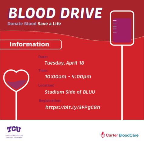 Poster of TCU blood drive April 18, 2023.