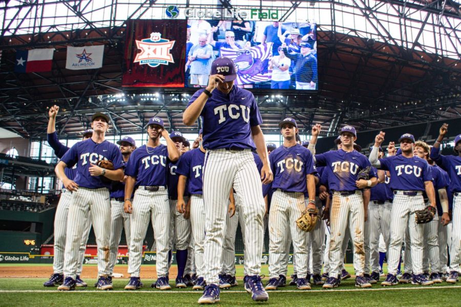 Freshman Ben Abeldt stands in front of the team during the TCU alma mater in a 6-3 win over Kansas State in the Big 12 Tournament on May 27, 2023. (Photo courtesy of the Big 12 Conference.)