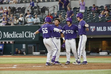 Brayden Taylor hugs his teammates after a historic home run in a 16-3 victory over Kansas State on May 24, 2023. (Photo courtesy of GoFrogs.com)