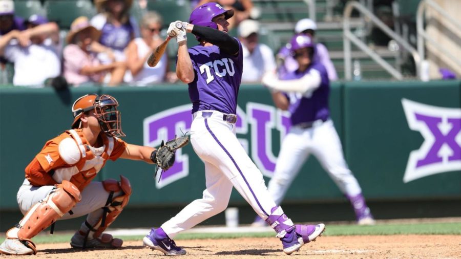 TCU left fielder Logan Maxwell hits his first collegiate home run in a 15-7 victory over Texas on May 1, 2023. (Photo courtesy of GoFrogs.com)