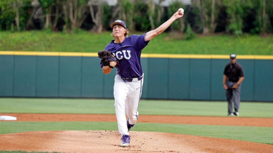 TCU starting pitcher Braeden Sloan earns the win in a 8-2 victory over Texas State on May 16, 2023.