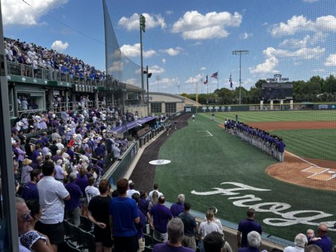 TCU players line up for the national anthem prior to the Fort Worth Super Regional on June 9, 2023.