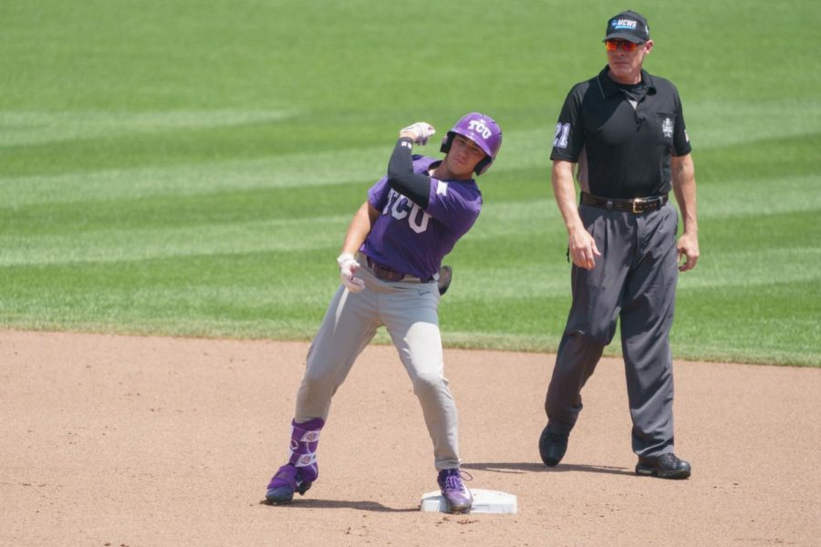TCU+left+fielder+Logan+Maxwell+tallied+a+double+in+a+6-1+College+World+Series+win+over+Oral+Roberts+on+June+20%2C+2023.+%28Photo+courtesy+of+GoFrogs.com%29